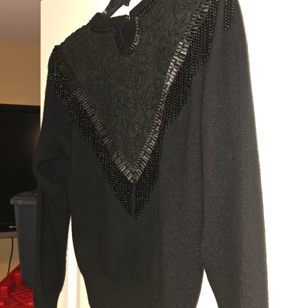 Diane Freis Knits Black Beaded Fringed Embroidered Black Angora & Wool Cutout L - Picture 4 of 17